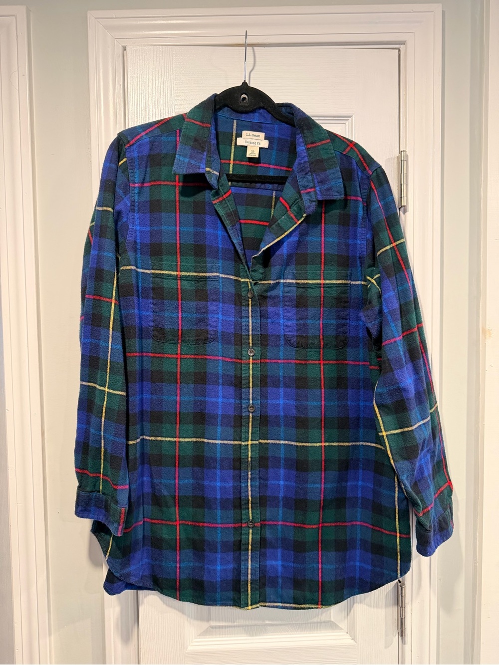 L.L. Bean Size XL Classic Blue Cotton Plaid Button Down Shirt Tunic Relaxed Fit